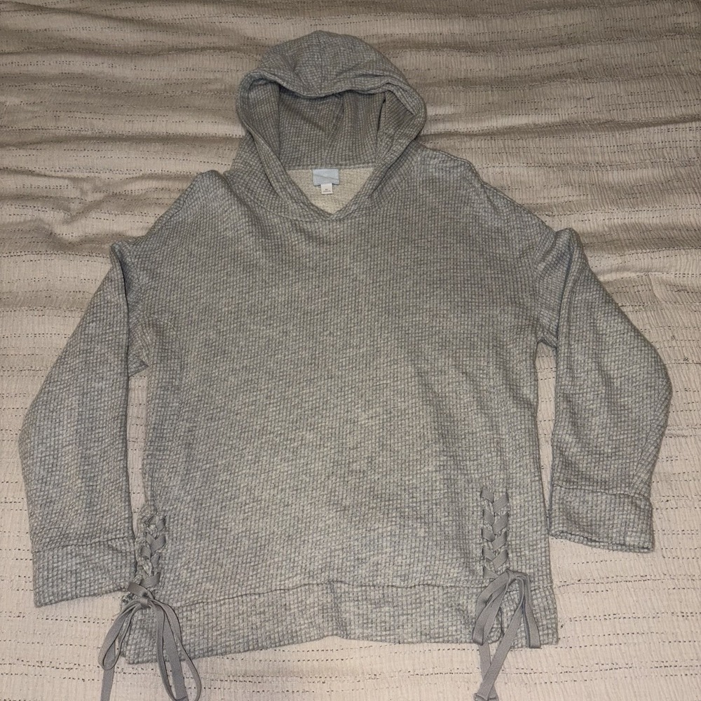 Sunday Waffle Knit Hoodie XL Gray Lace Up Side Sweatshirt Cozy Casual Pullover